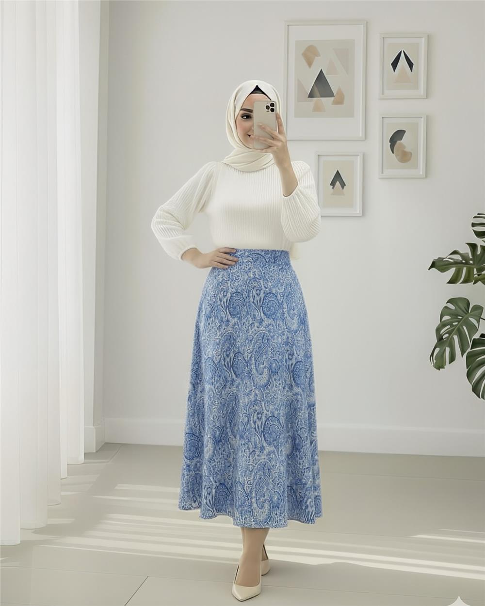 Beli Lastikli Etnik Desen Kloş etek -Bebe Mavi-349-7081-R32