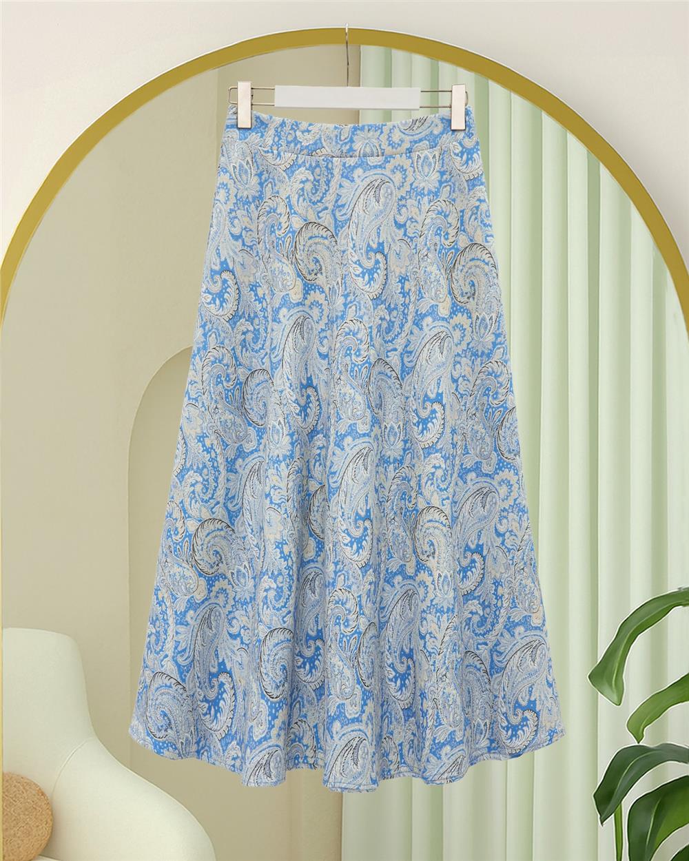Beli Lastikli Etnik Desen Kloş etek -Bebe Mavi-349-7081-R32
