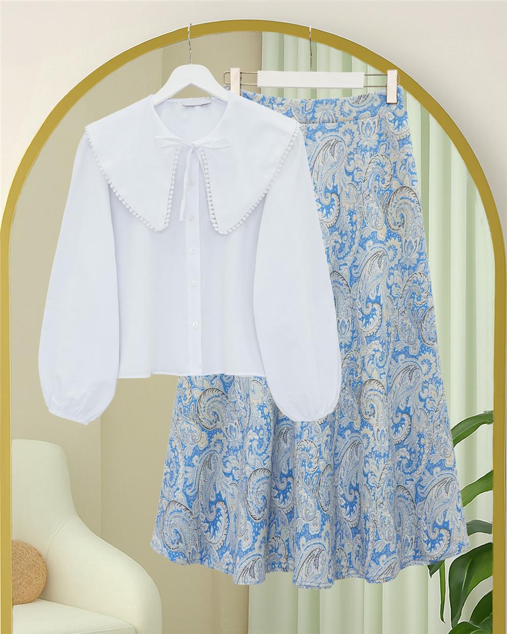 Beli Lastikli Etnik Desen Kloş etek -Bebe Mavi-349-7081-R32