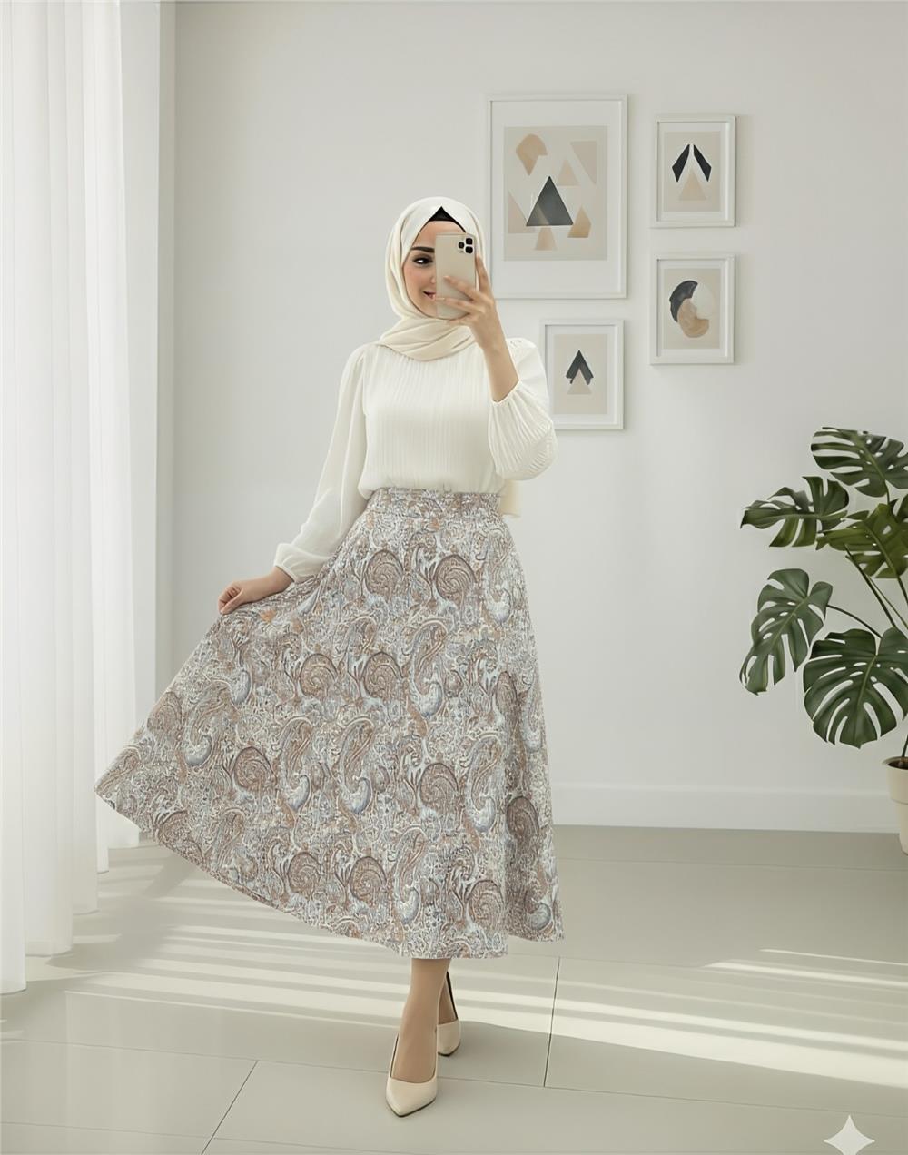 Beli Lastikli Etnik Desen Kloş etek -Kiremit-349-7081-R30