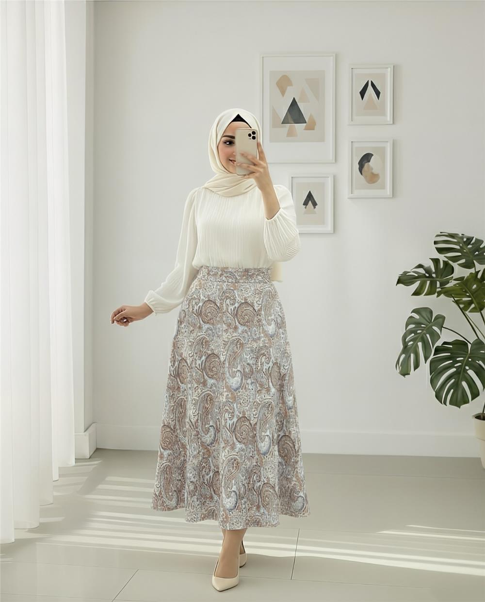 Beli Lastikli Etnik Desen Kloş etek -Kiremit-349-7081-R30