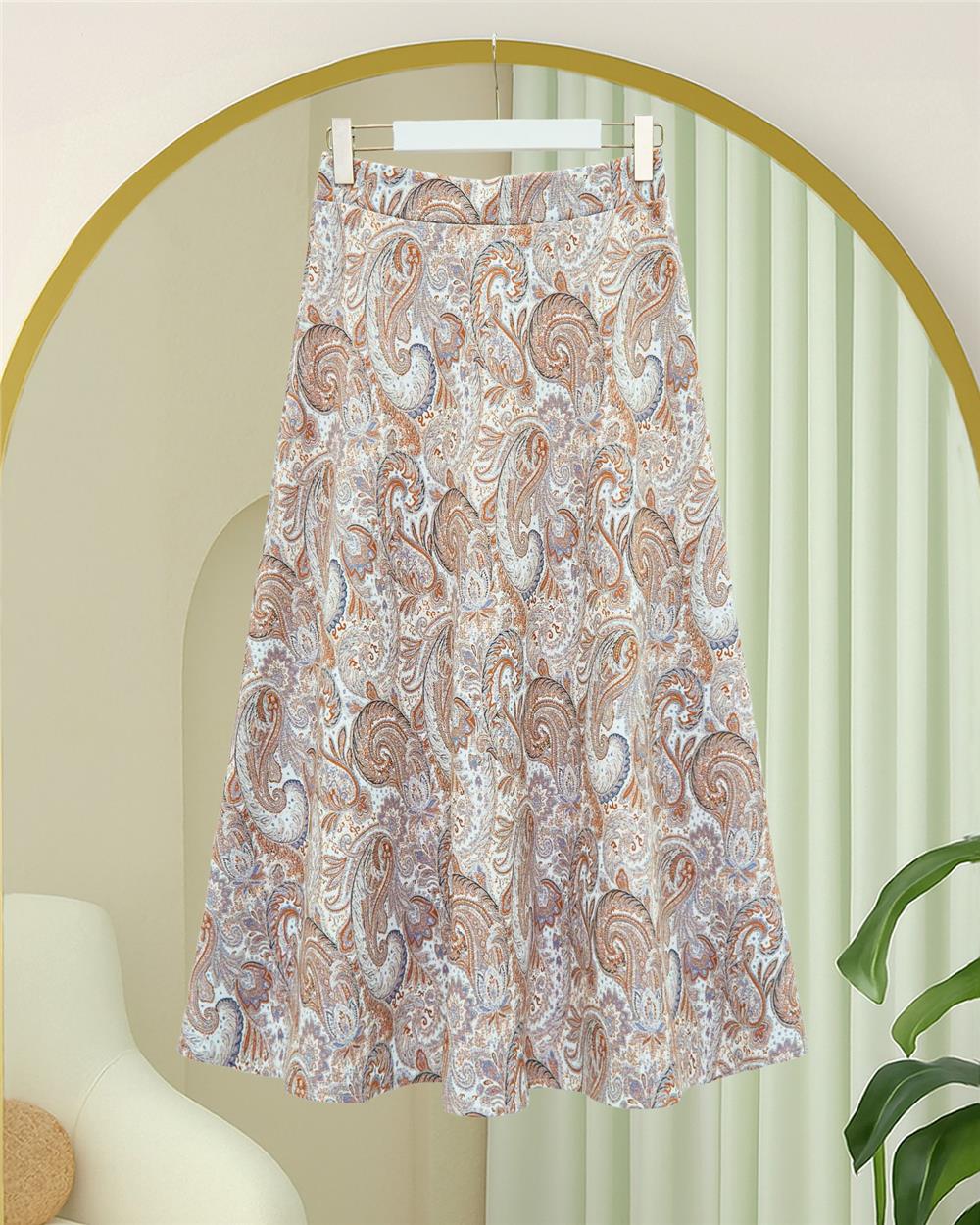 Beli Lastikli Etnik Desen Kloş etek -Kiremit-349-7081-R30