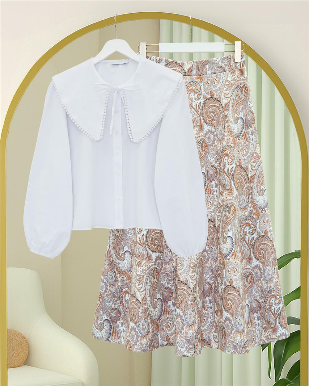 Beli Lastikli Etnik Desen Kloş etek -Kiremit-349-7081-R30