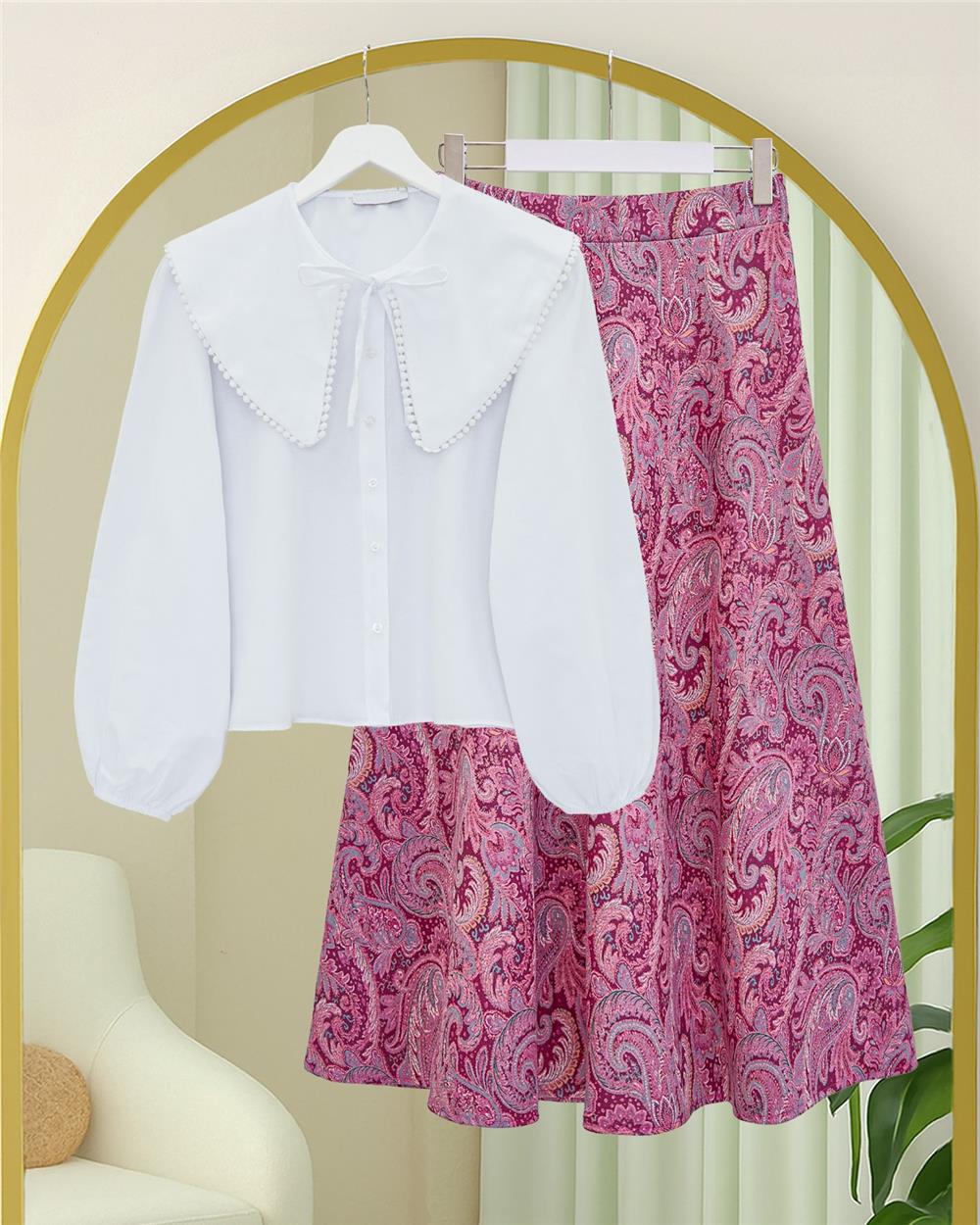 Beli Lastikli Etnik Desen Kloş etek -Vişne-349-7081-R44