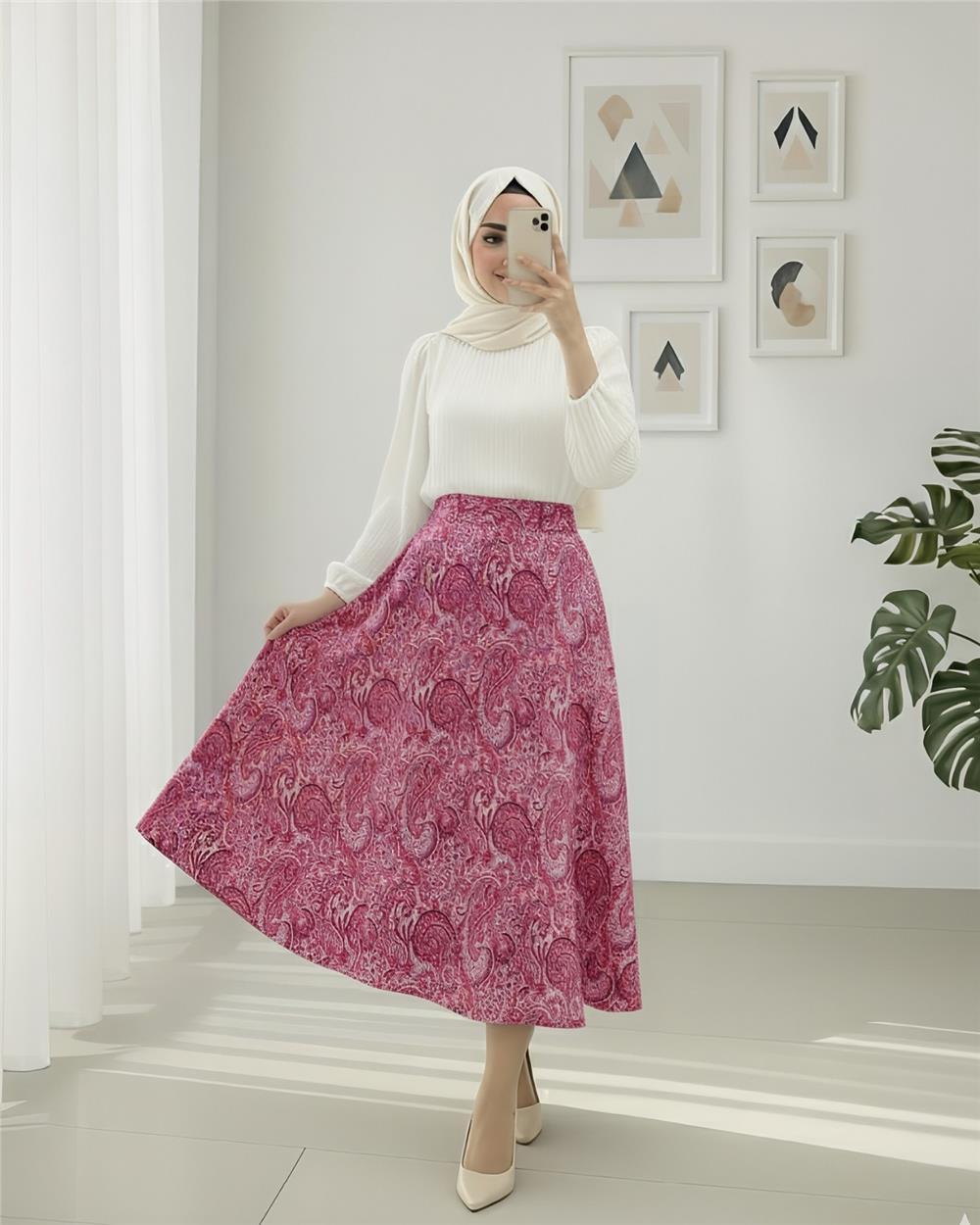 Beli Lastikli Etnik Desen Kloş etek -Vişne-349-7081-R44