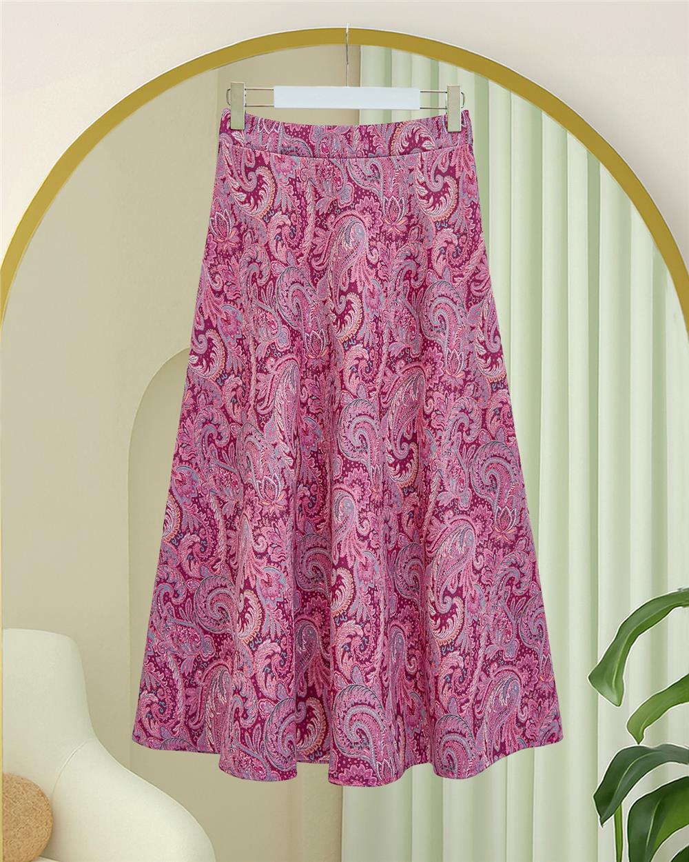 Beli Lastikli Etnik Desen Kloş etek -Vişne-349-7081-R44
