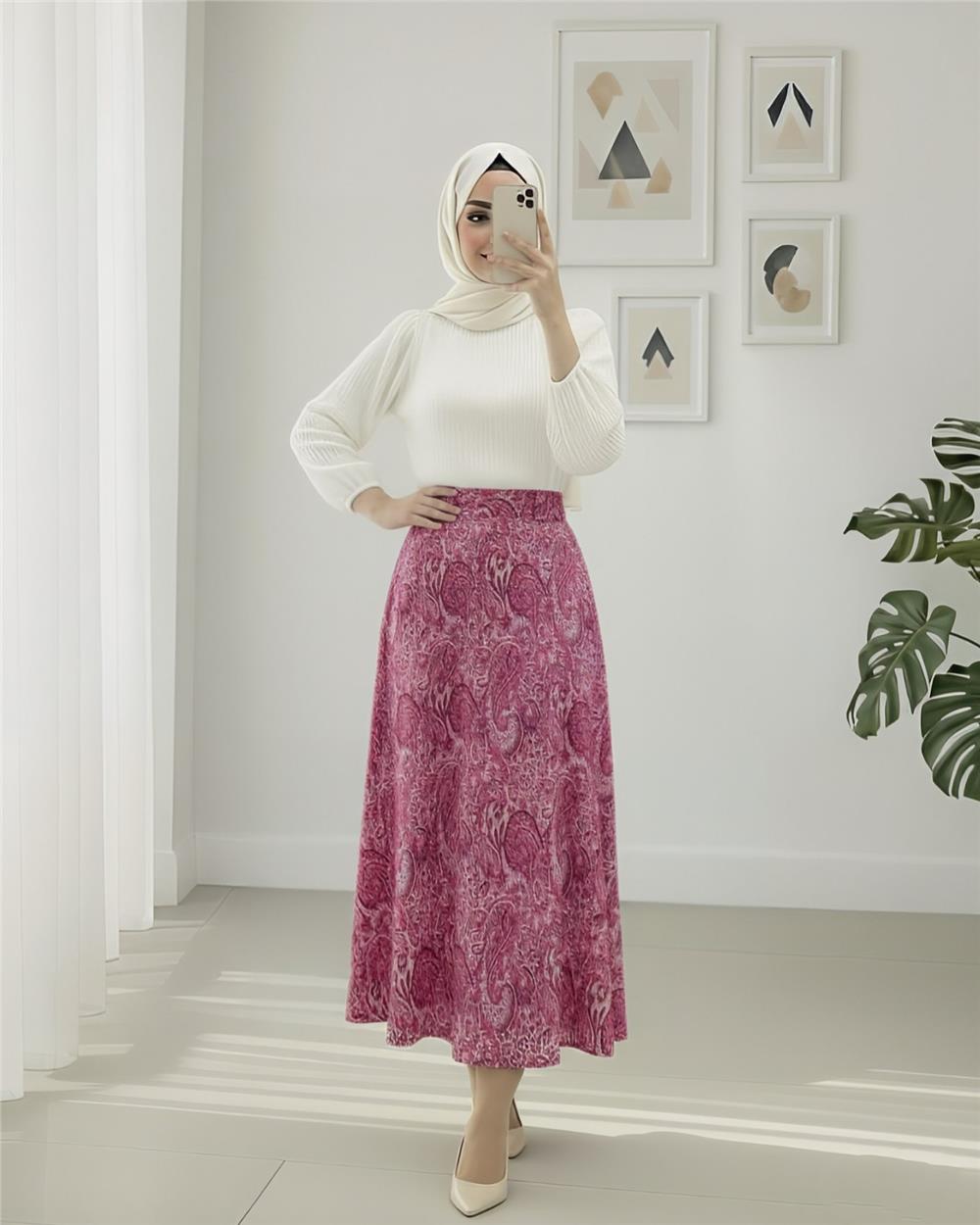 Beli Lastikli Etnik Desen Kloş etek -Vişne-349-7081-R44