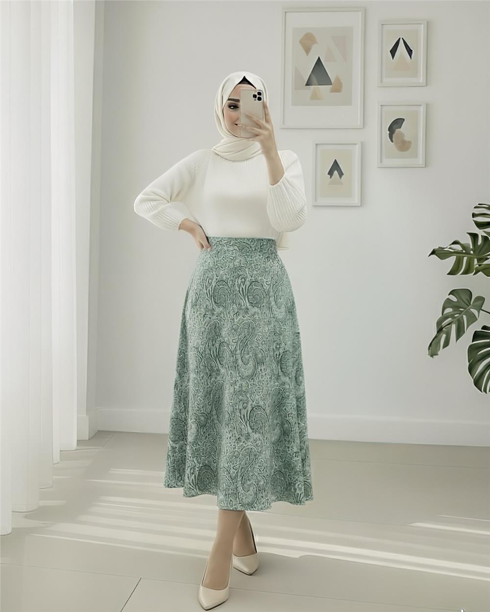 Beli Lastikli Etnik Desen Kloş etek -Yeşil-349-7081-R35