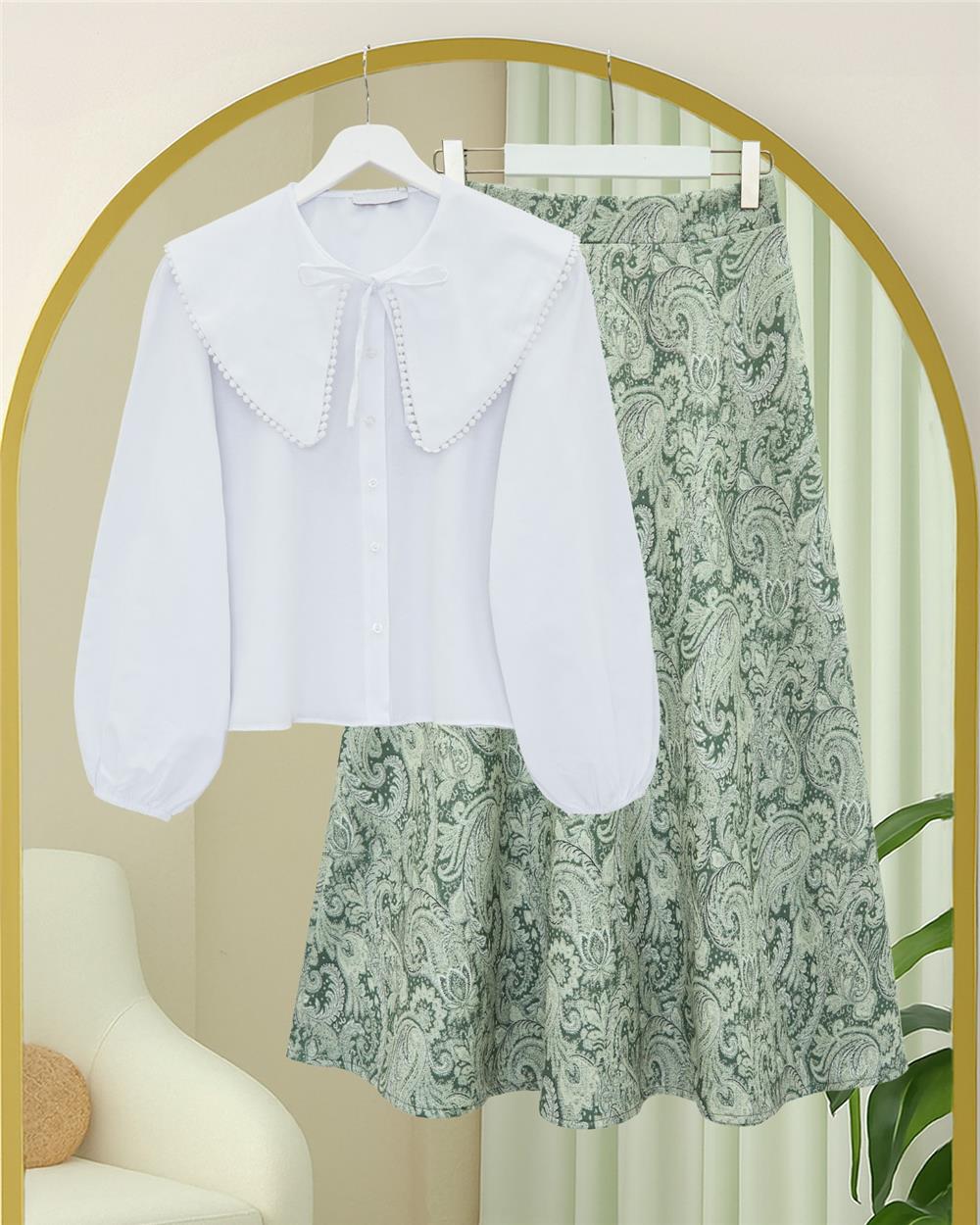 Beli Lastikli Etnik Desen Kloş etek -Yeşil-349-7081-R35