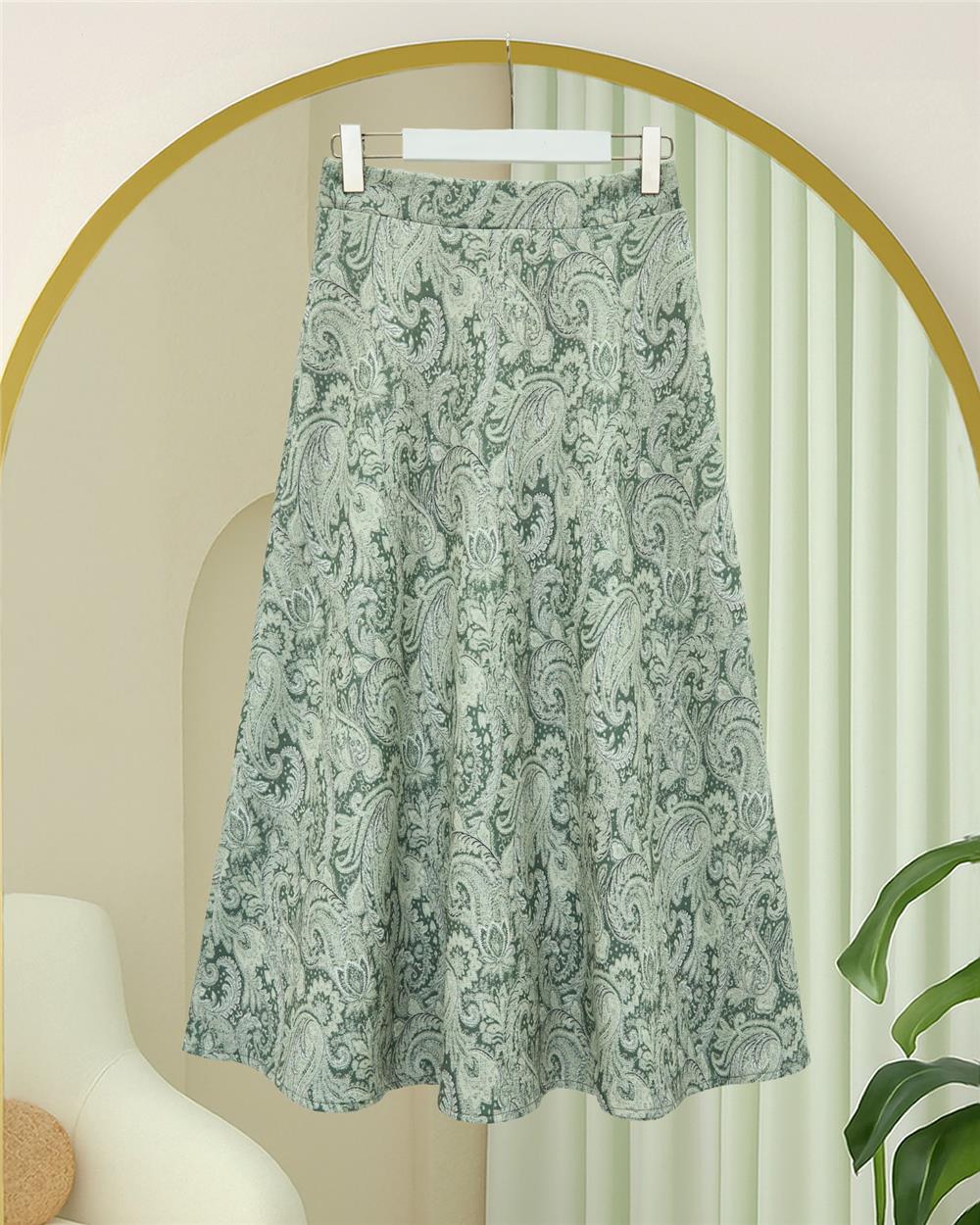 Beli Lastikli Etnik Desen Kloş etek -Yeşil-349-7081-R35