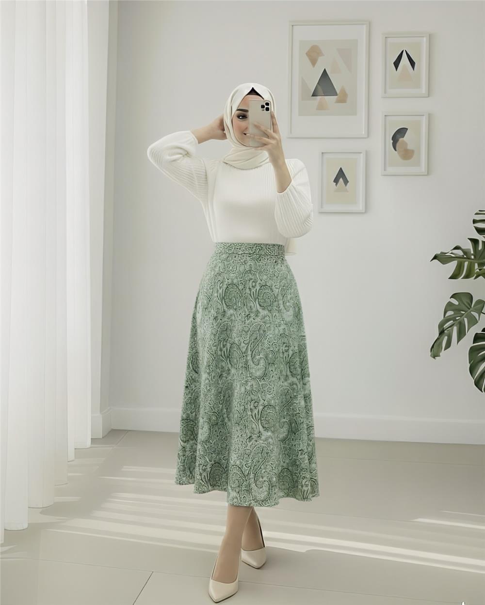 Beli Lastikli Etnik Desen Kloş etek -Yeşil-349-7081-R35