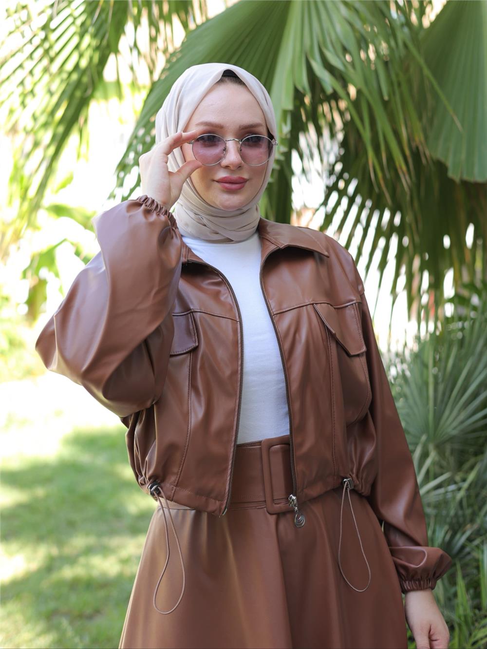 Zippered Leather Jacket with Elastic Waist -Tan-186-686-R12