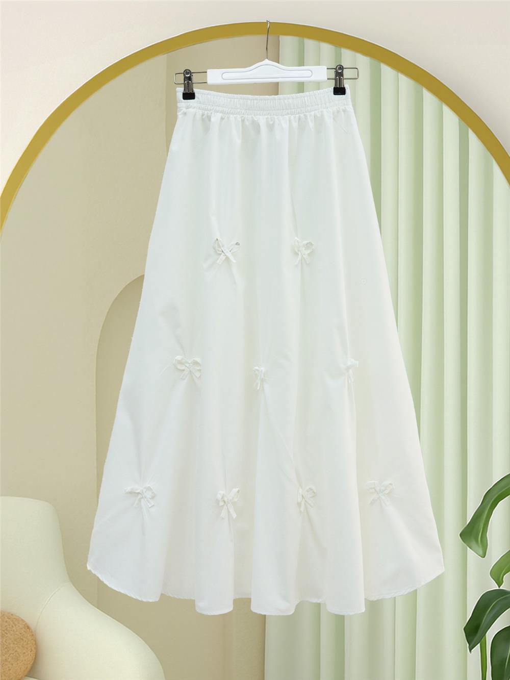 Beli Lastikli Fiyonk Detaylı Poplin Etek -Beyaz-421-10064-R02