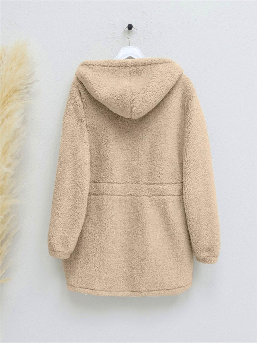 Beli Lastikli Kapşonlu Fermuarlı Peluş Mont -Vizon-349-6039-R23