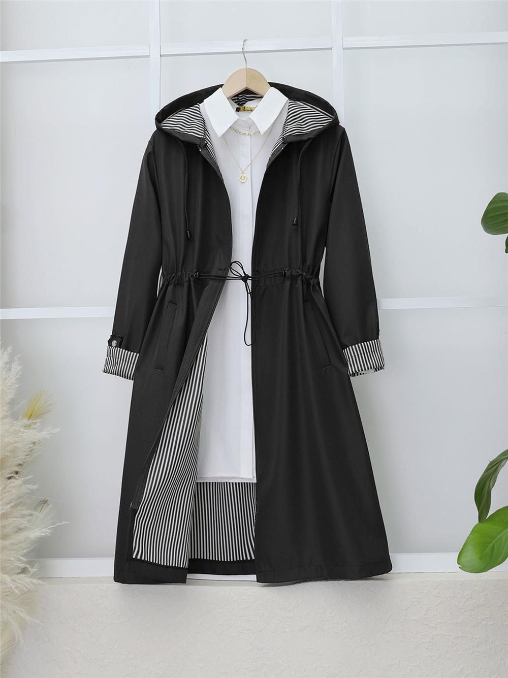 Elastic Waist Folded Arms Hooded Trench Coat -Black-197-1202-R01