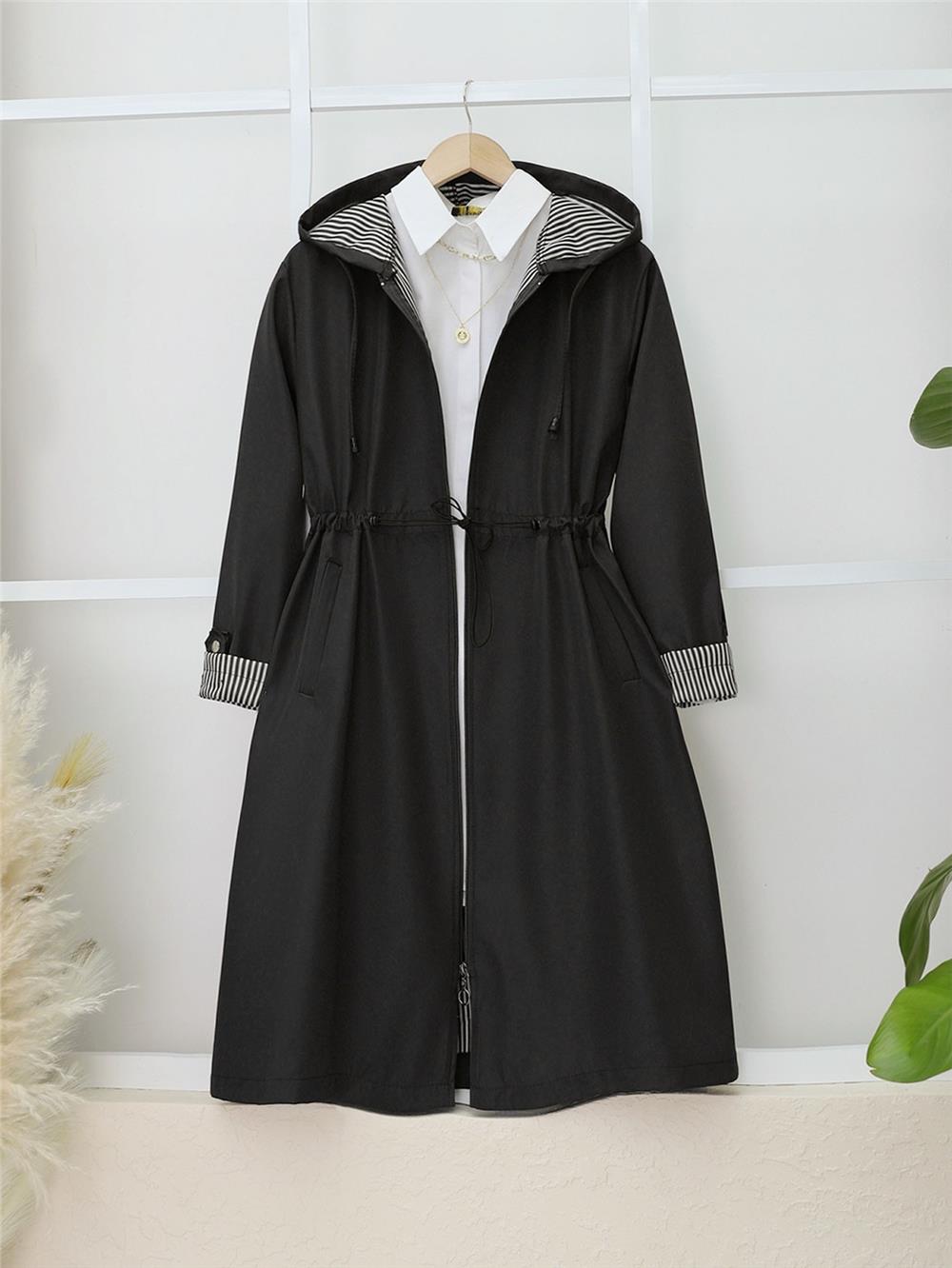 Elastic Waist Folded Arms Hooded Trench Coat -Black-197-1202-R01