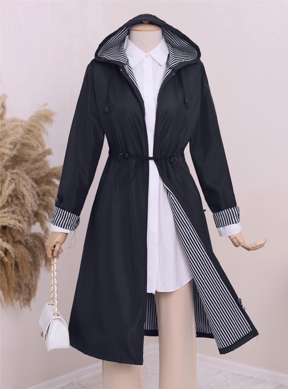 Elastic Waist Folded Arms Hooded Trench Coat -Navy blue-197-1202-R03