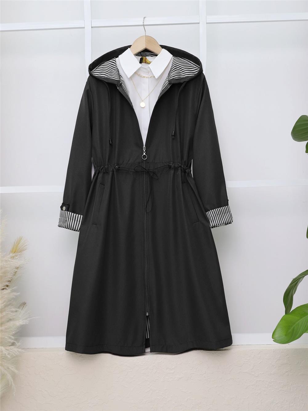 Elastic Waist Folded Arms Hooded Trench Coat -Black-197-1202-R01