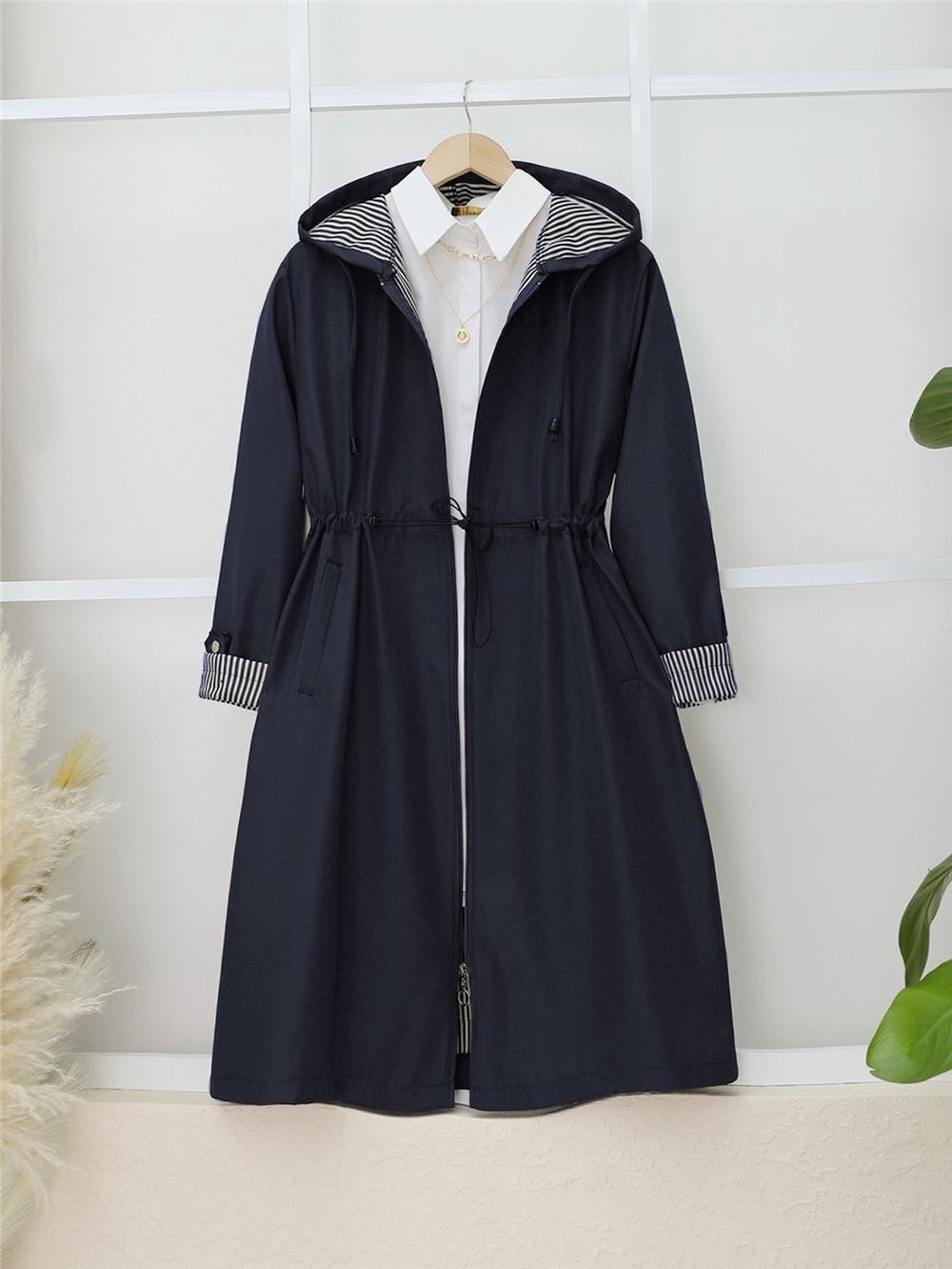 Elastic Waist Folded Arms Hooded Trench Coat -Navy blue-197-1202-R03