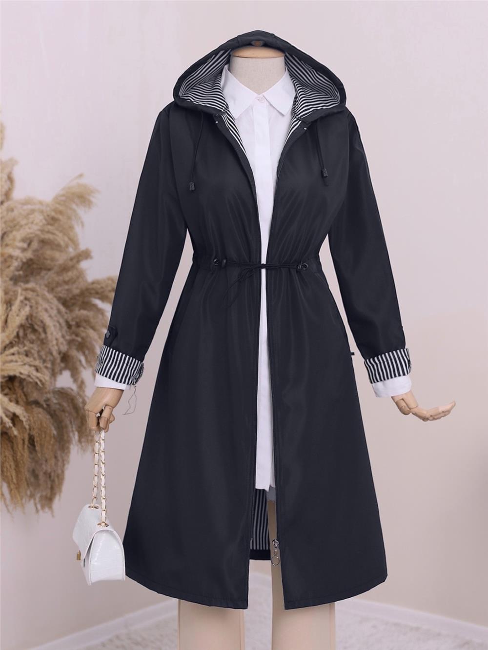 Elastic Waist Folded Arms Hooded Trench Coat -Navy blue-197-1202-R03