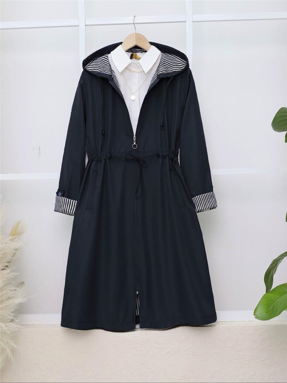 Elastic Waist Folded Arms Hooded Trench Coat -Navy blue-197-1202-R03