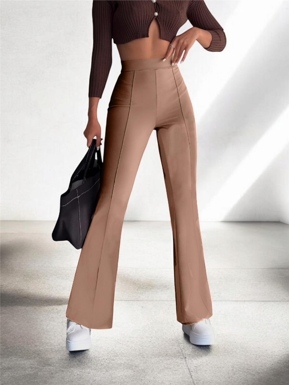 Beli Lastikli Likralı İspanyol Pantolon -Vizon-326-9092-R23