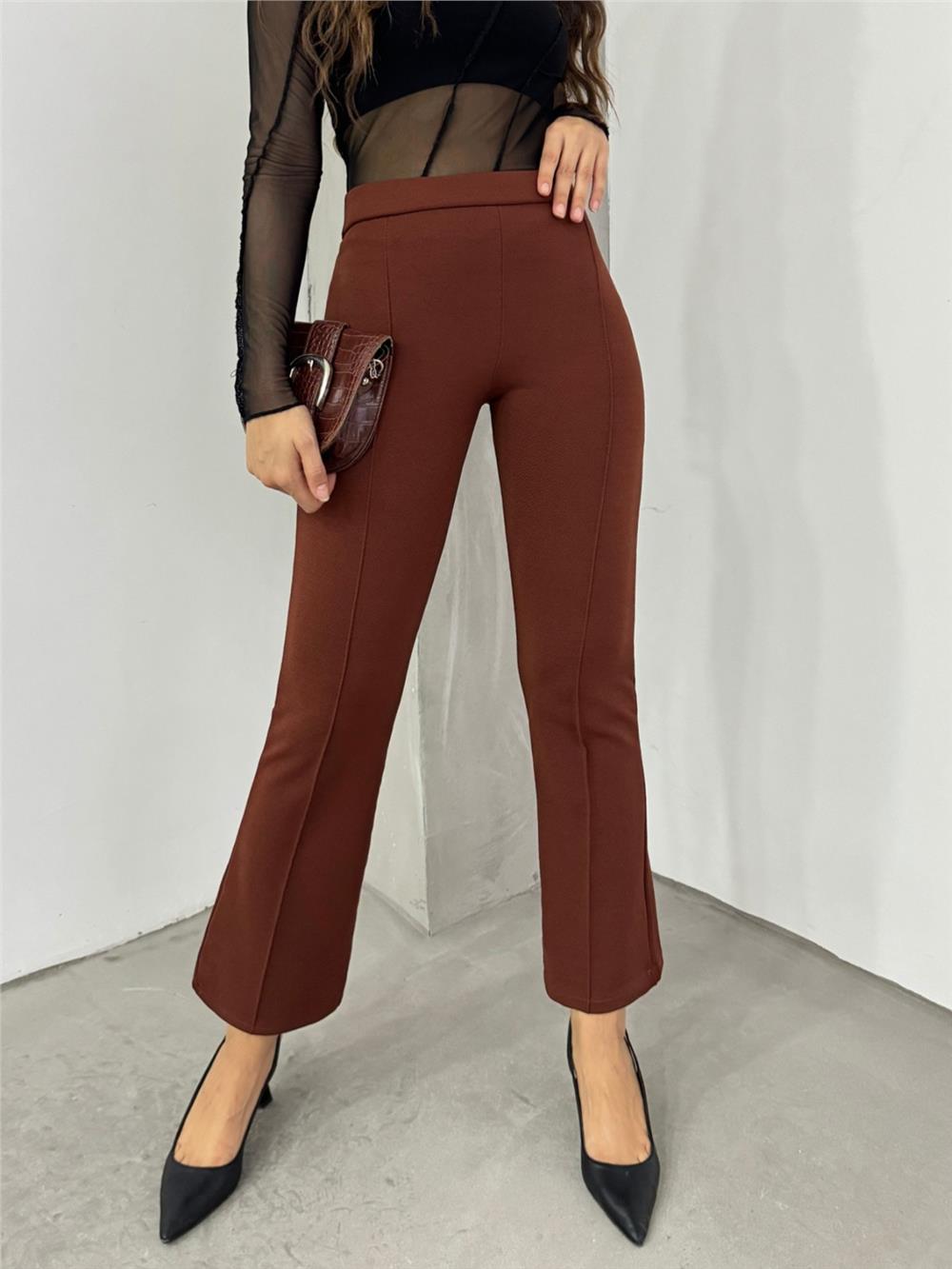 Beli Lastikli Likralı İspanyol Pantolon -Kahve-326-9092-R15