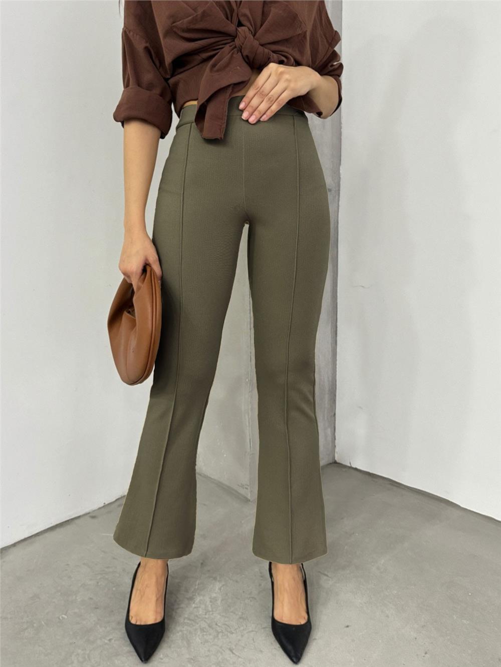 Beli Lastikli Likralı İspanyol Pantolon -Haki-326-9092-R05