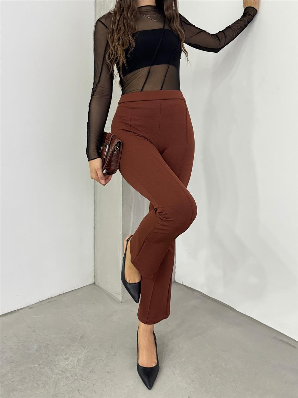Beli Lastikli Likralı İspanyol Pantolon -Kahve-326-9092-R15