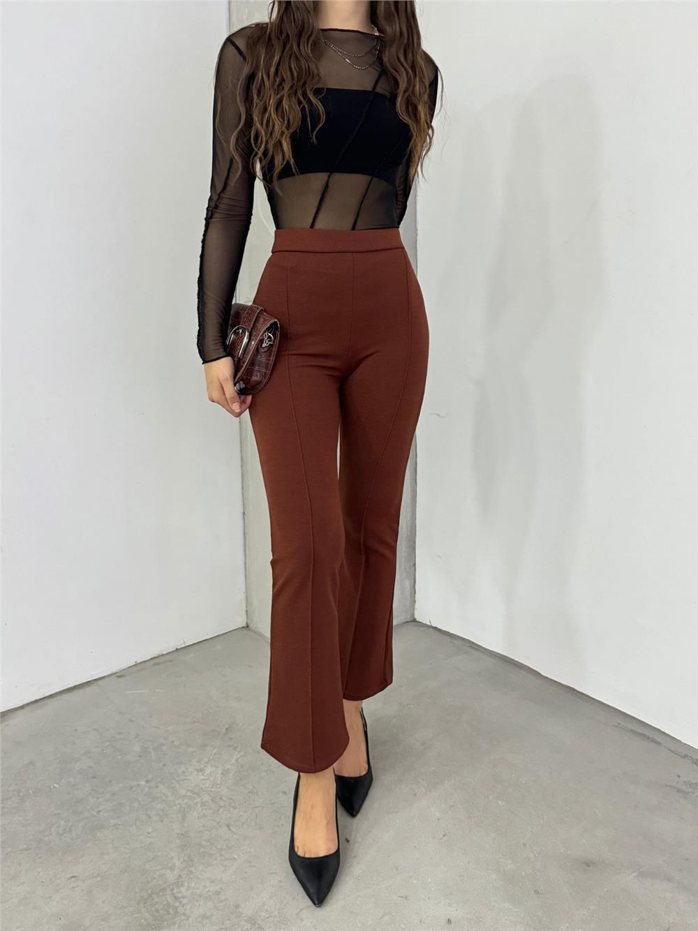 Beli Lastikli Likralı İspanyol Pantolon -Kahve-326-9092-R15