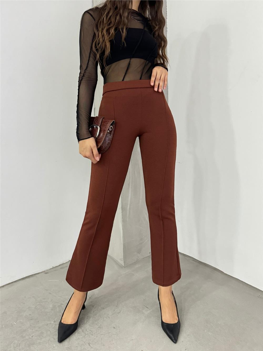 Beli Lastikli Likralı İspanyol Pantolon -Kahve-326-9092-R15