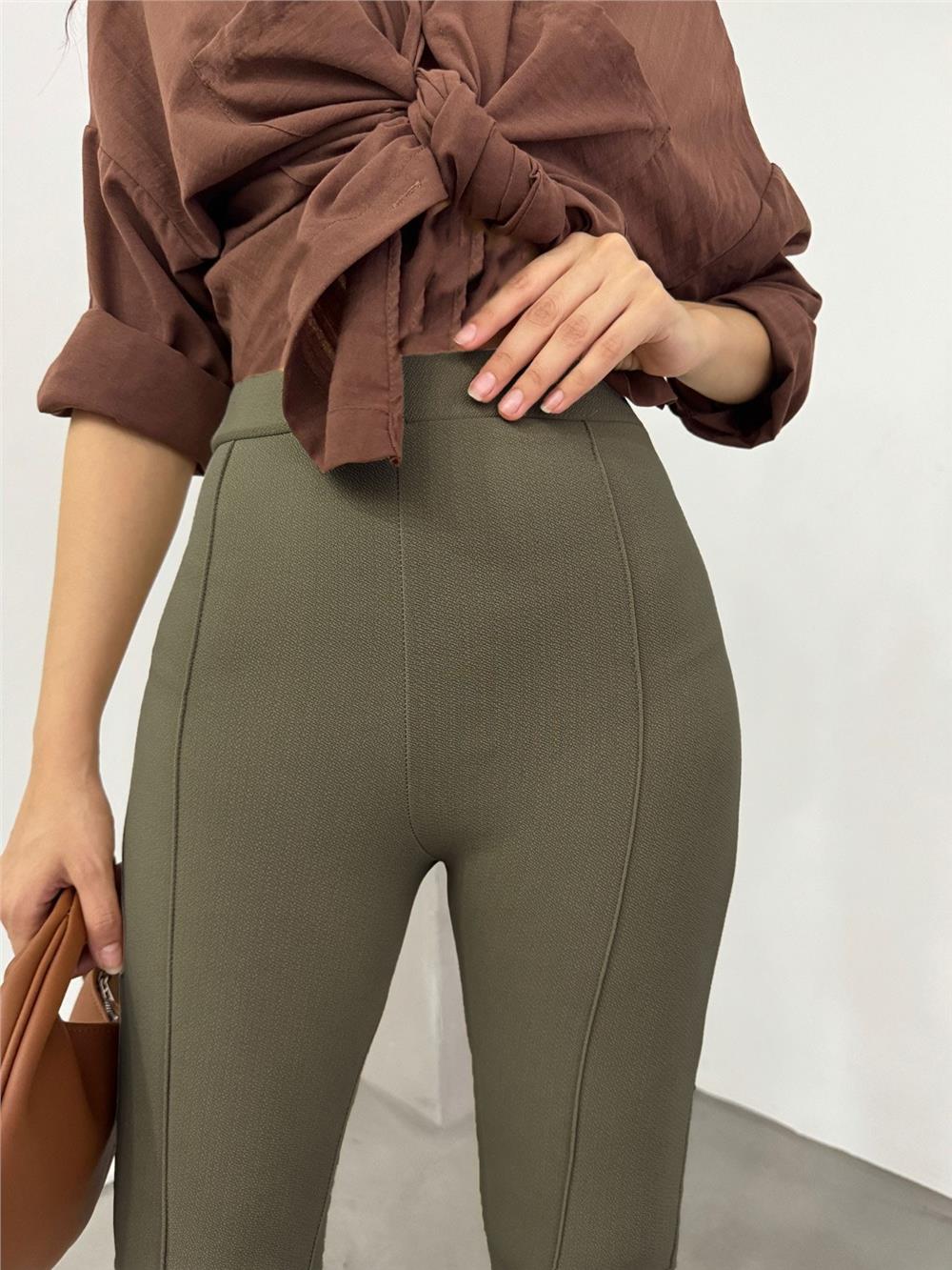 Beli Lastikli Likralı İspanyol Pantolon -Haki-326-9092-R05