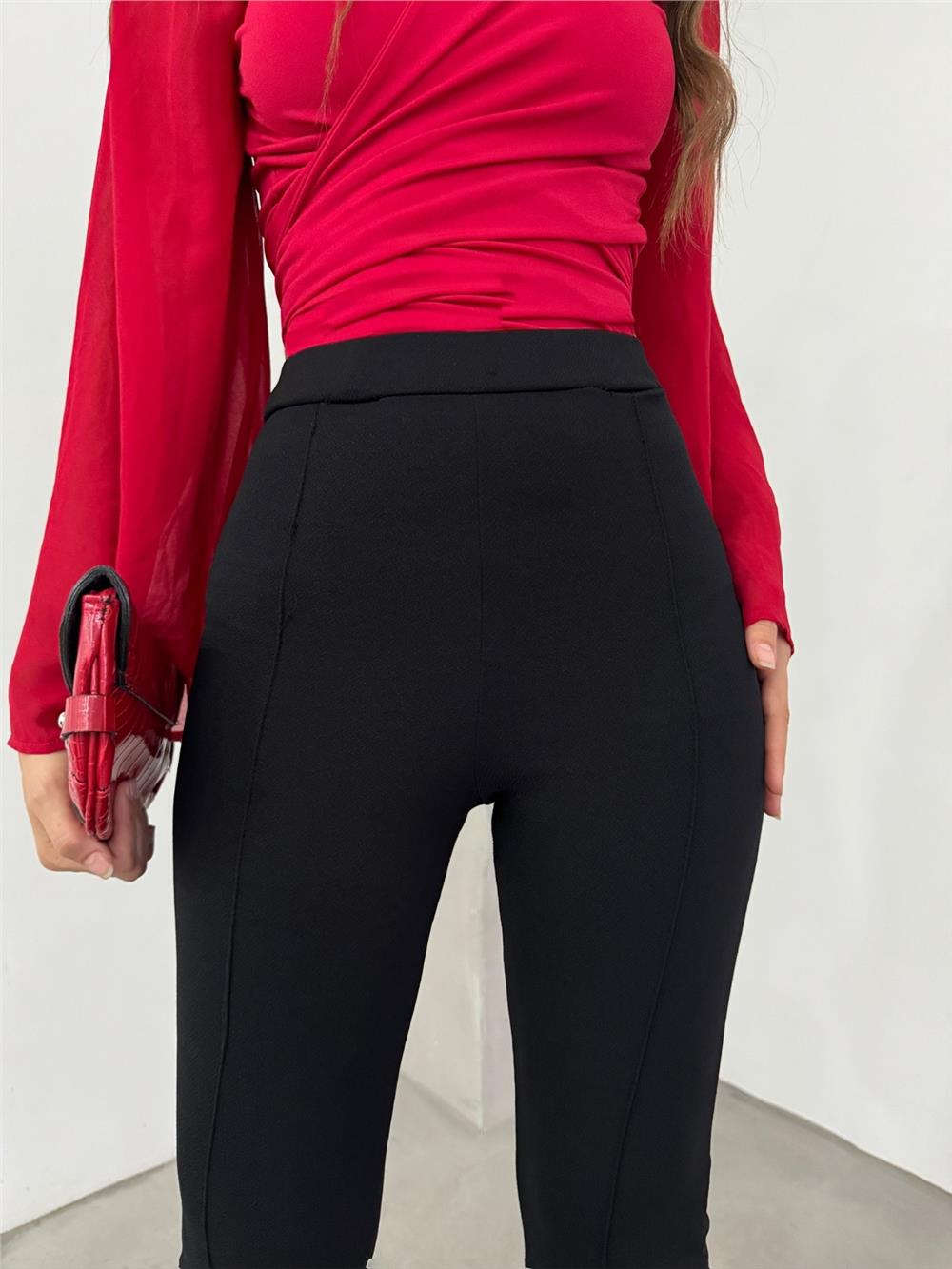 Beli Lastikli Likralı İspanyol Pantolon -Siyah-326-9092-R01