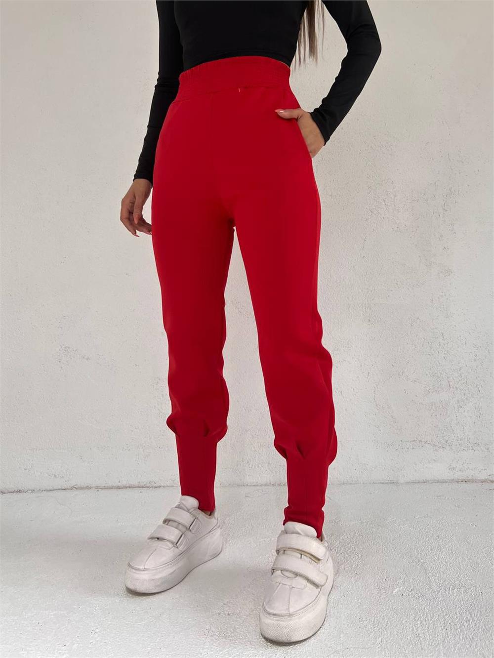 Elastic Waist, Stitched Pocket Scuba Trousers -Red-358-9935-R33