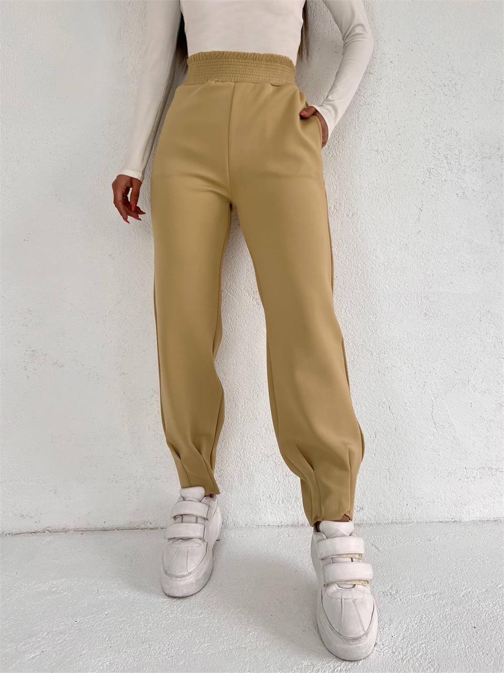 Scuba Trousers with Elastic Waist and Stitched Pockets -Light Mink-358-9935-R51