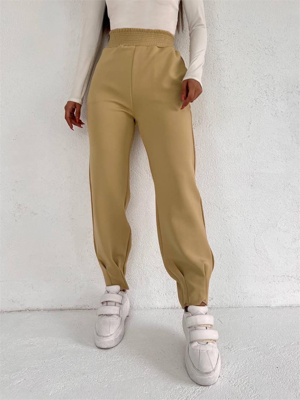Scuba Trousers with Elastic Waist and Stitched Pockets -Light Mink-358-9935-R51