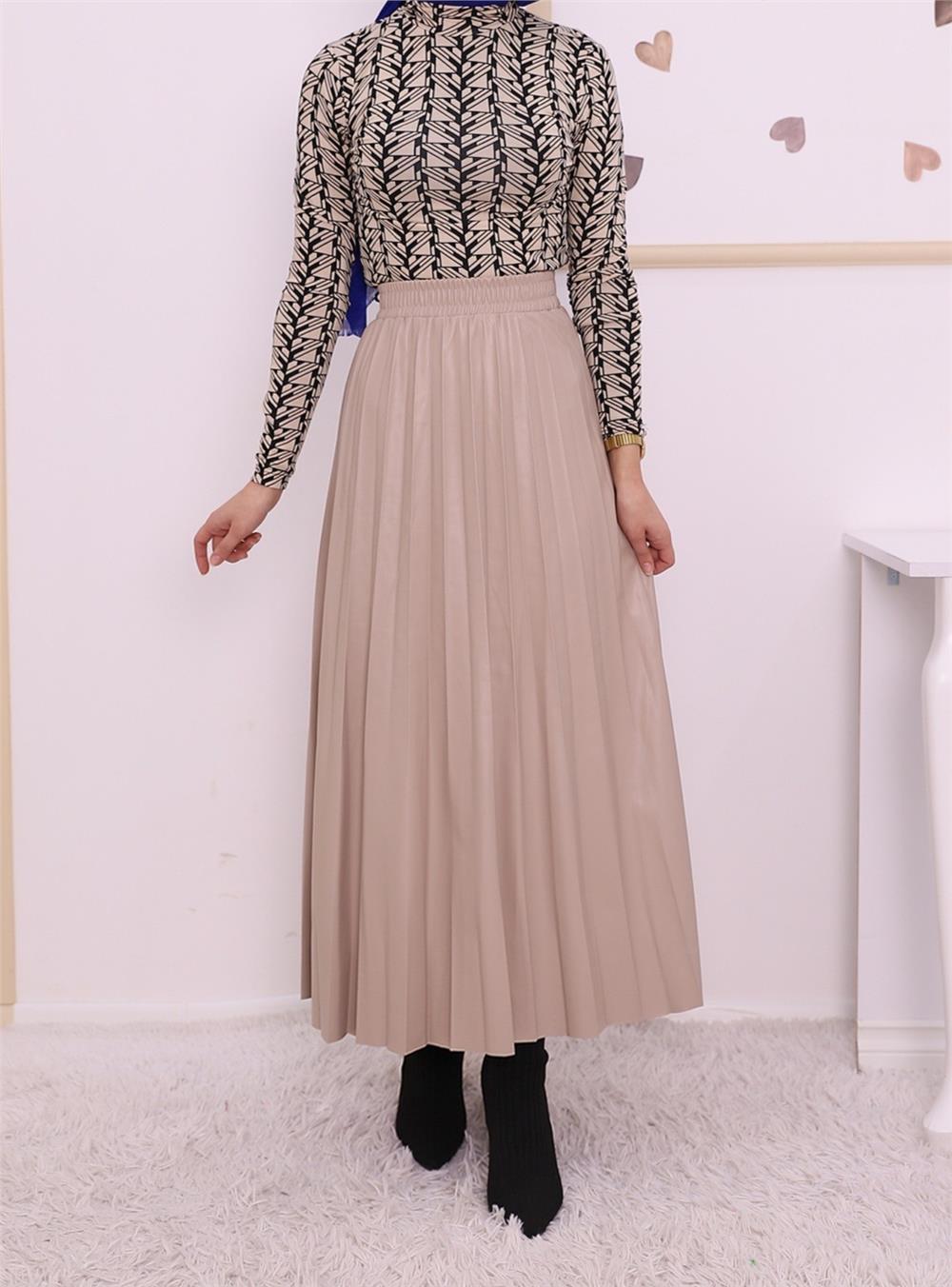 Pleated Leather Skirt with Elastic Waist -Cream Color-123-0971-R28
