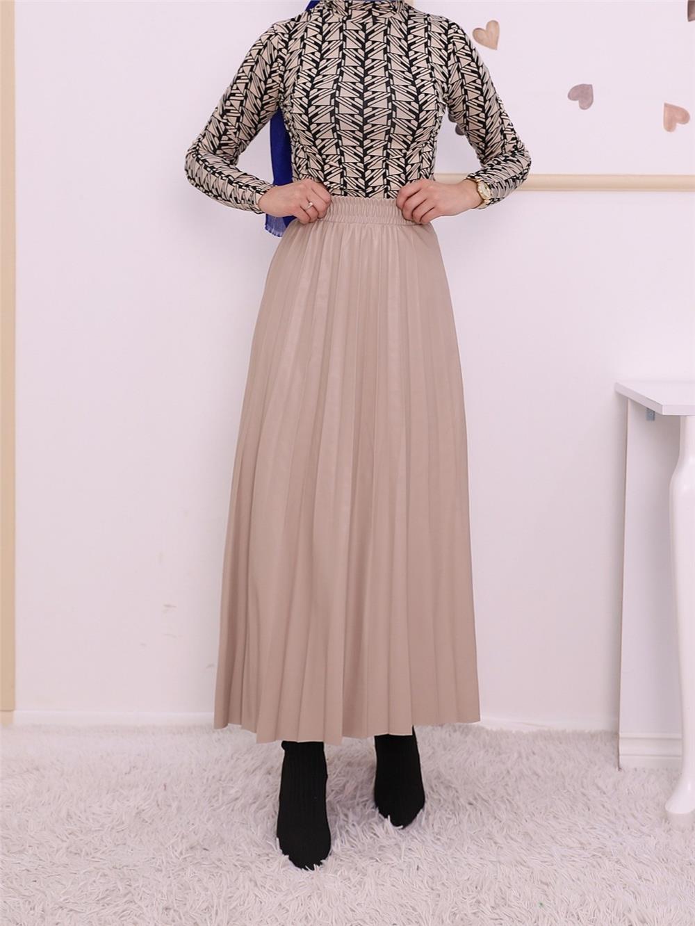 Pleated Leather Skirt with Elastic Waist -Cream Color-123-0971-R28