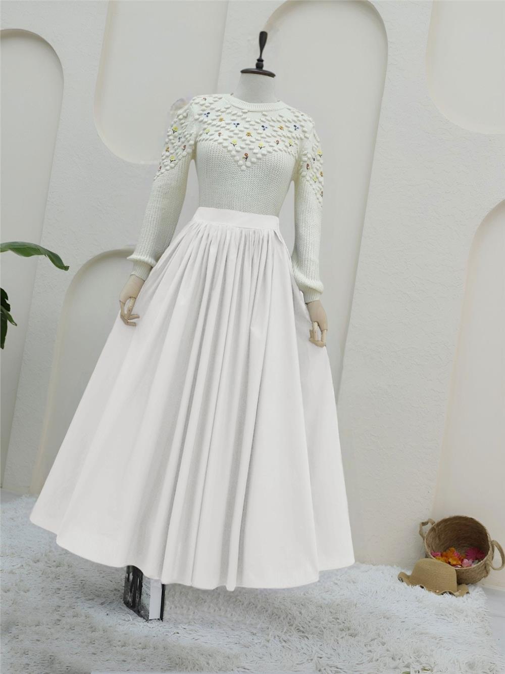 Beli Lastikli Poplin Prenses Etek -Ekru-327-5000-R07