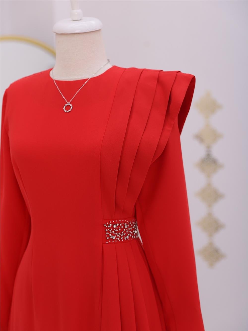 Stone Detailed Pleated Evening Dress -Red-338-12363-R33