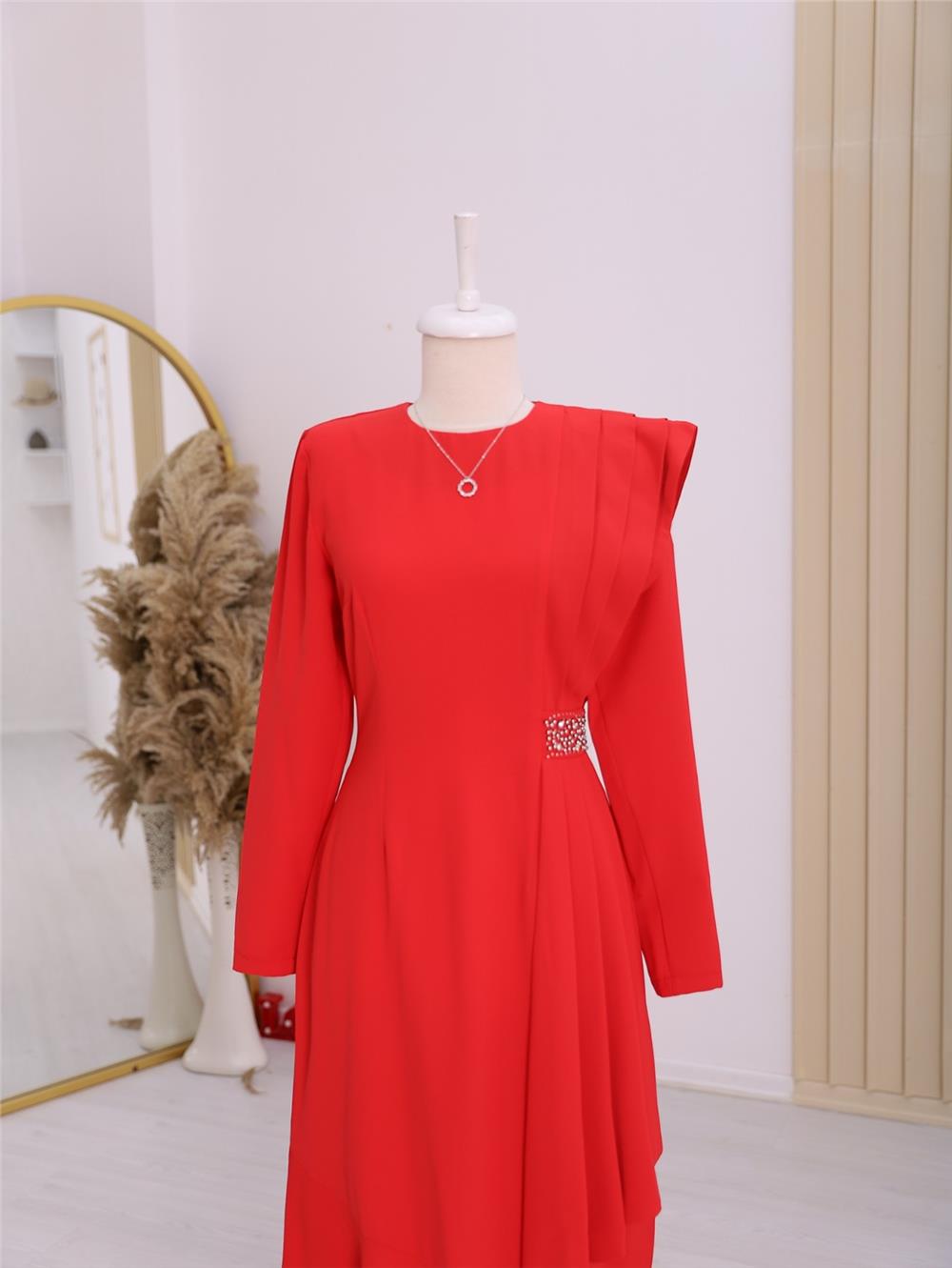 Stone Detailed Pleated Evening Dress -Red-338-12363-R33
