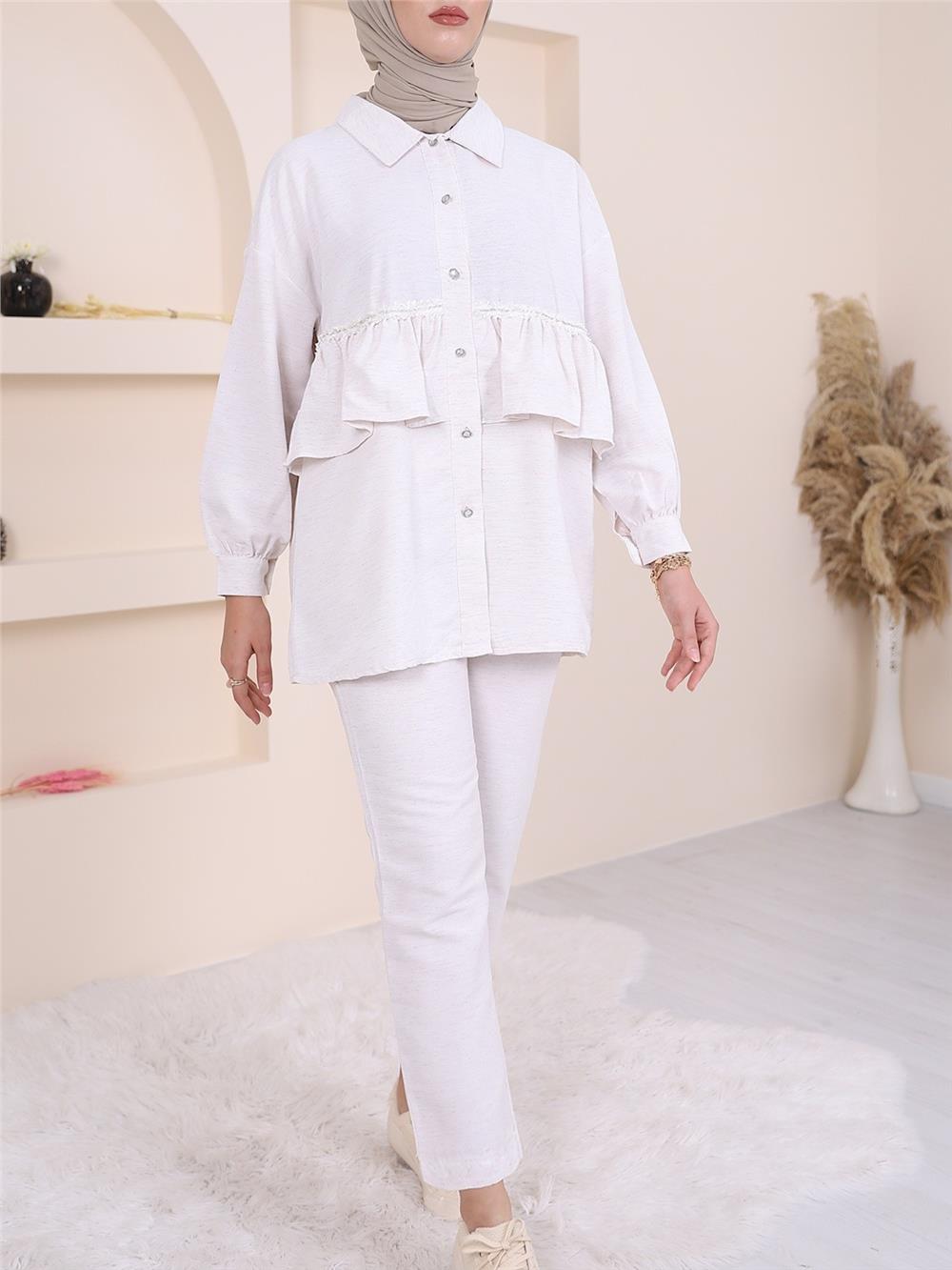 Double Linen Suit with Stone Ruffle Detail -Stone-238-2253-R43