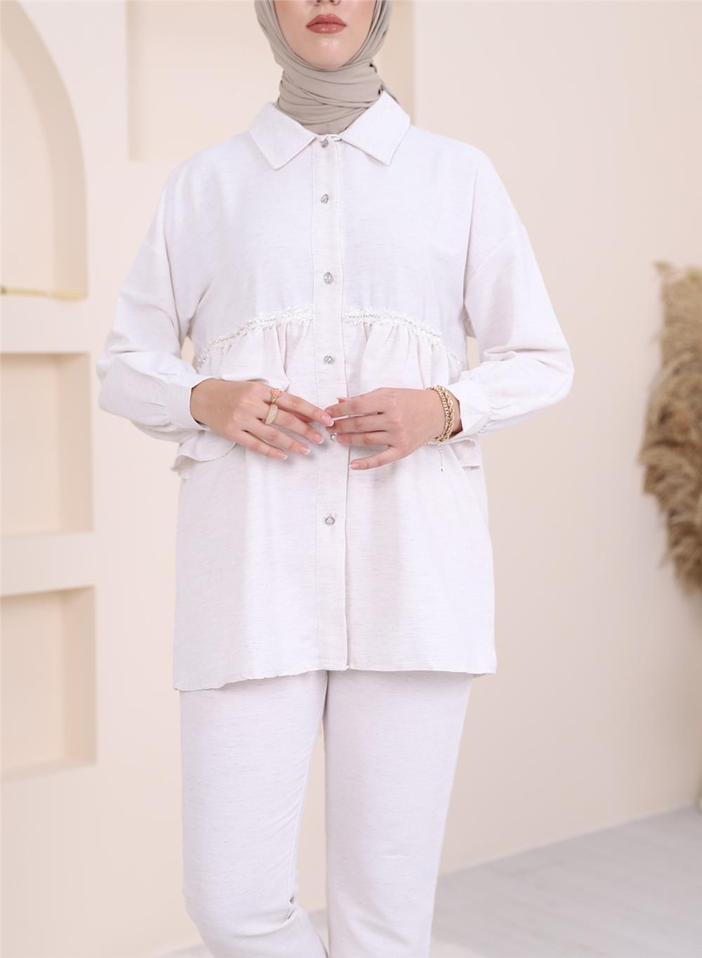 Double Linen Suit with Stone Ruffle Detail -Stone-238-2253-R43