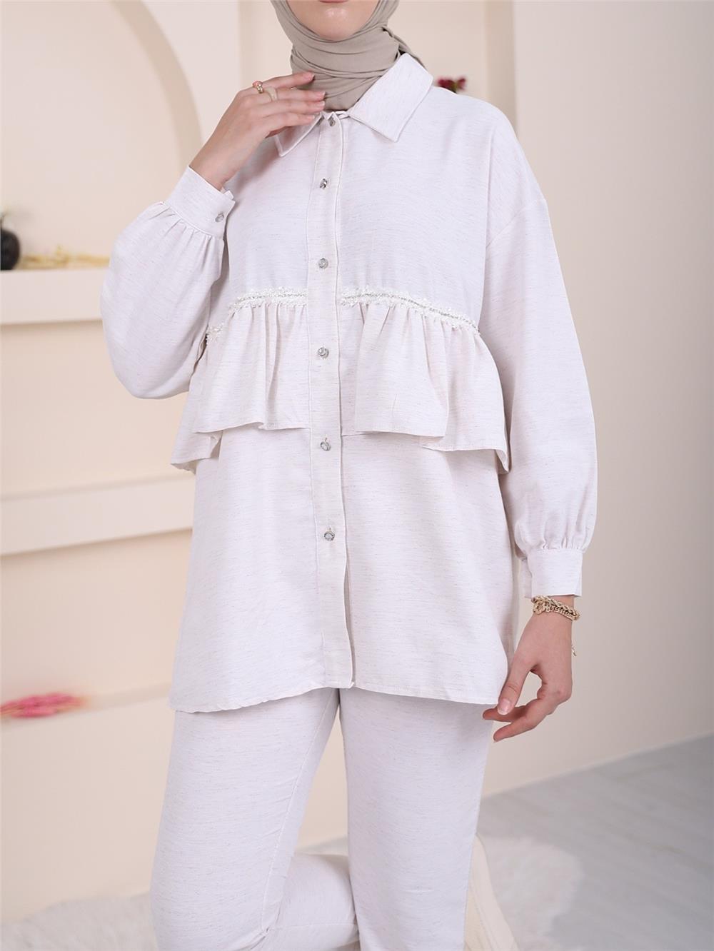 Double Linen Suit with Stone Ruffle Detail -Stone-238-2253-R43