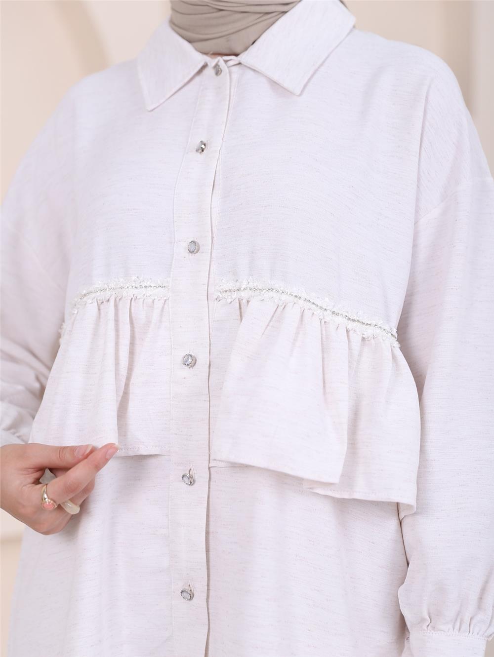 Double Linen Suit with Stone Ruffle Detail -Stone-238-2253-R43