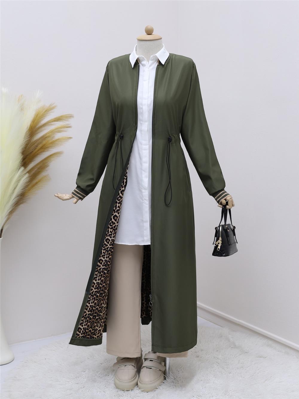 Tunnel Waist Lace-up Pocket Trench Coat -Khaki-197-3805-R05