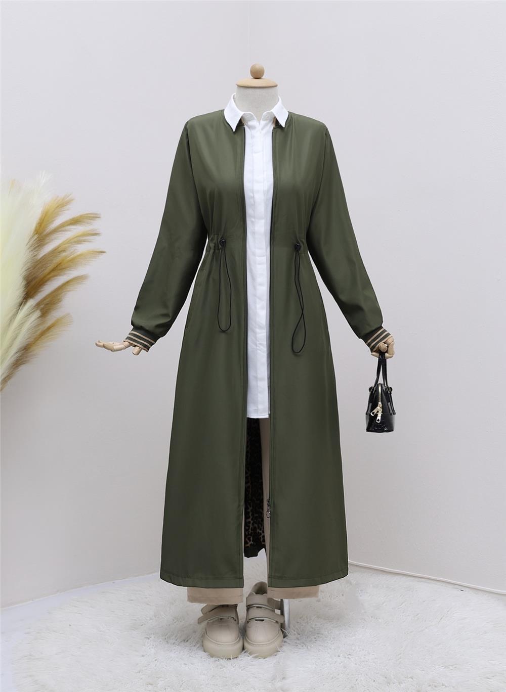 Tunnel Waist Lace-up Pocket Trench Coat -Khaki-197-3805-R05