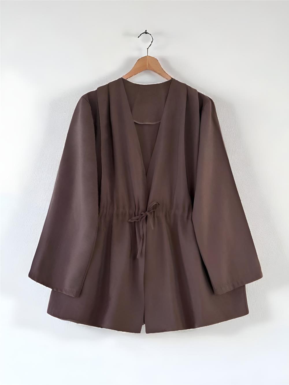 Beli Tünel Bağcıklı Modal Kimono  -Kahve-223-3060-R15