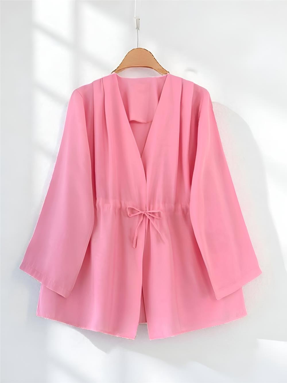 Beli Tünel Bağcıklı Modal Kimono  -Pembe-223-3060-R20