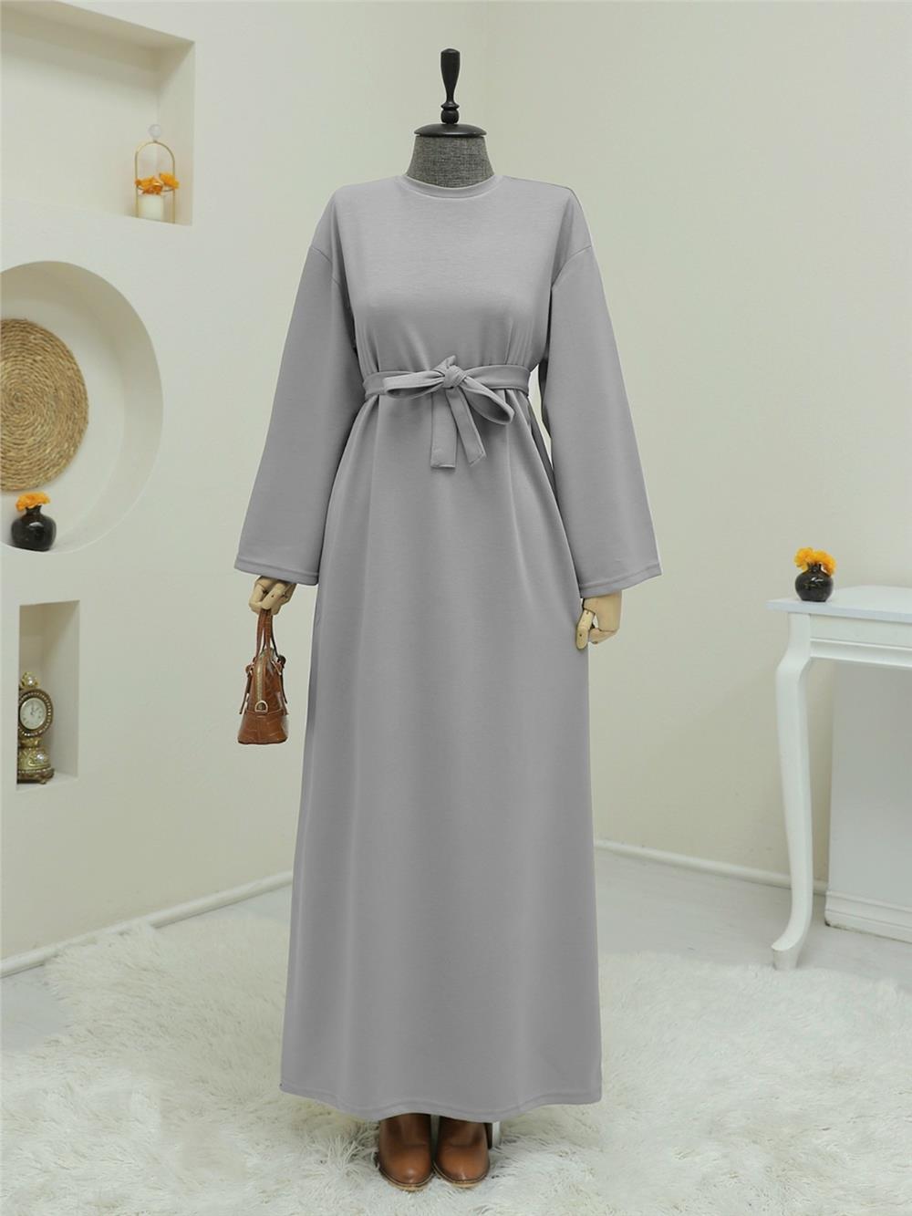Bisiklet Yaka Beli Bağcıklı Elbise -Gri-253-12948-R11